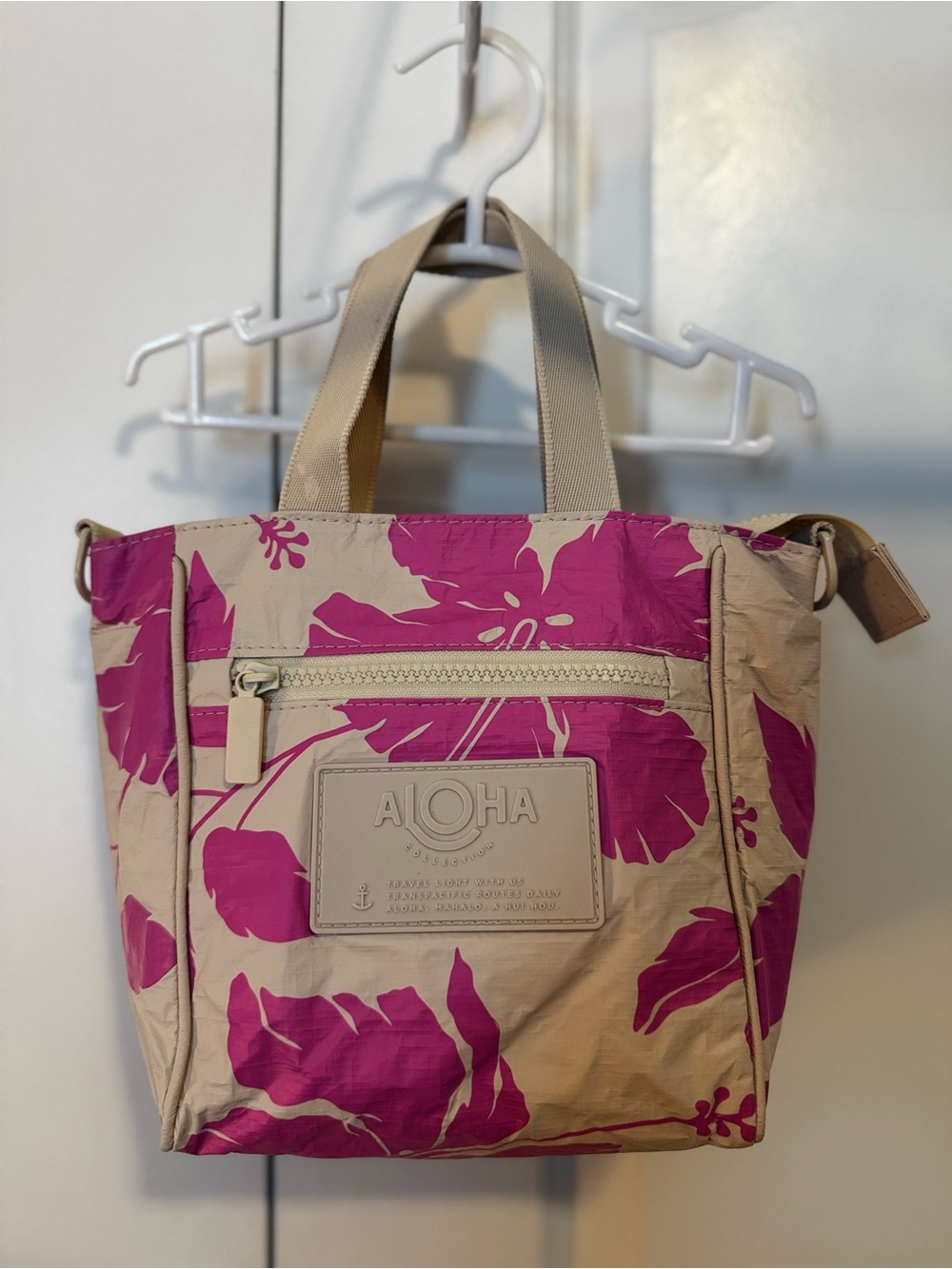 ALOHA Floral Tote Bag - Beige with Pink Print